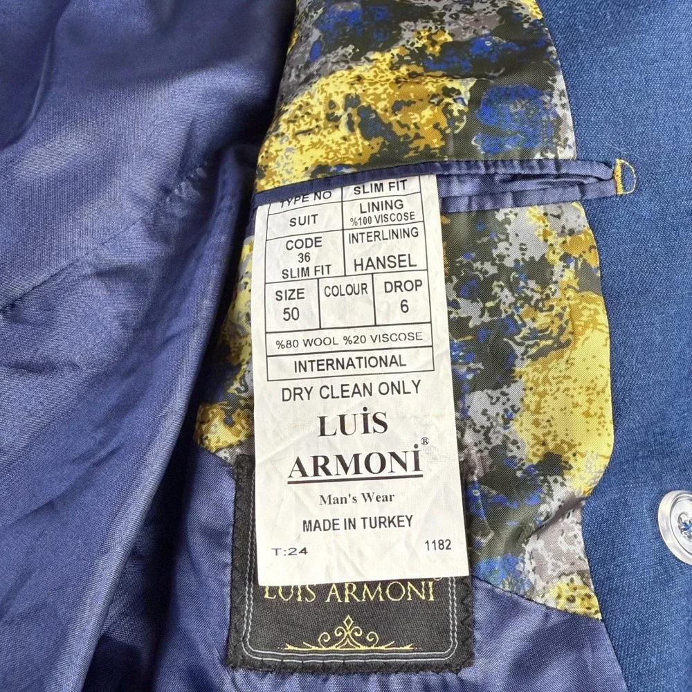 Luis Armoni Men's Blue Double Breasted Blazer Gold Crest Buttons 50 40R